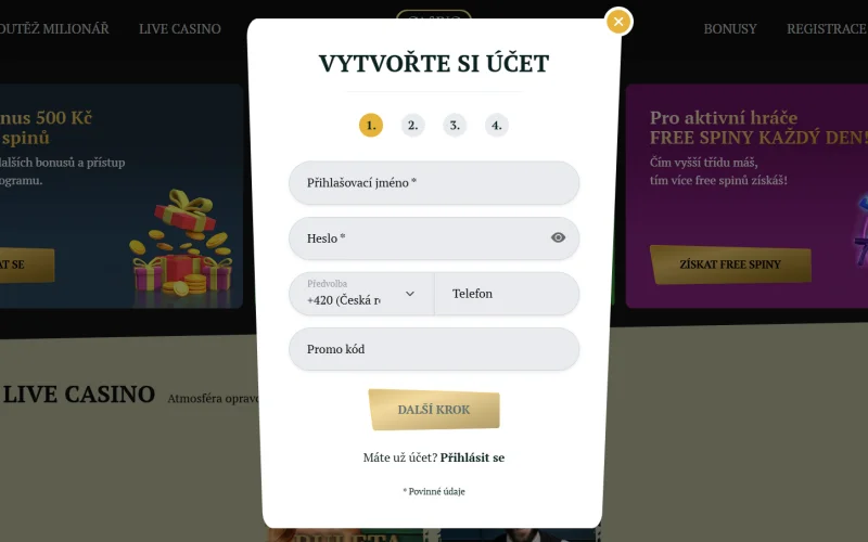 Kartac kasino registrace – formular pro vytvoreni uctu
